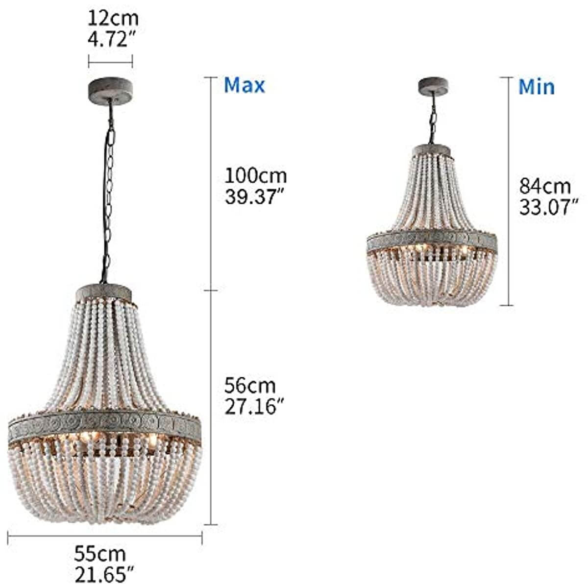 Wood Bead Chandelier Pendant Three Lights Gray White Finishing dimensions, showcasing max and min height options.
