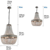 Wood Bead Chandelier Pendant Three Lights Gray White Finishing dimensions, showcasing max and min height options.