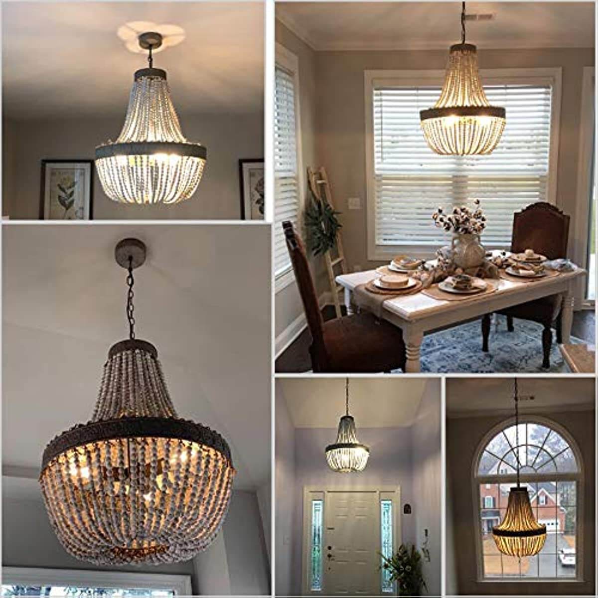 Wood Bead Chandelier Pendant Three Lights Gray White Finishing displayed in a stylish home dining environment.